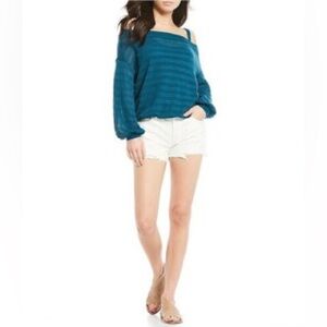 Free People Sistine Hacci cold shoulder knit top in teal blue